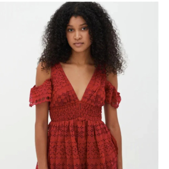 Self Portrait Openwork Lace Eyelet V Neck Dress Red Sz S - Picture 4 of 11